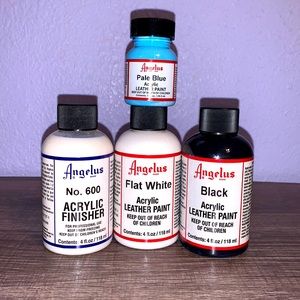 Angelus Leather Paint Bundle ( Acrylic finisher, flat white, pale blue, black)